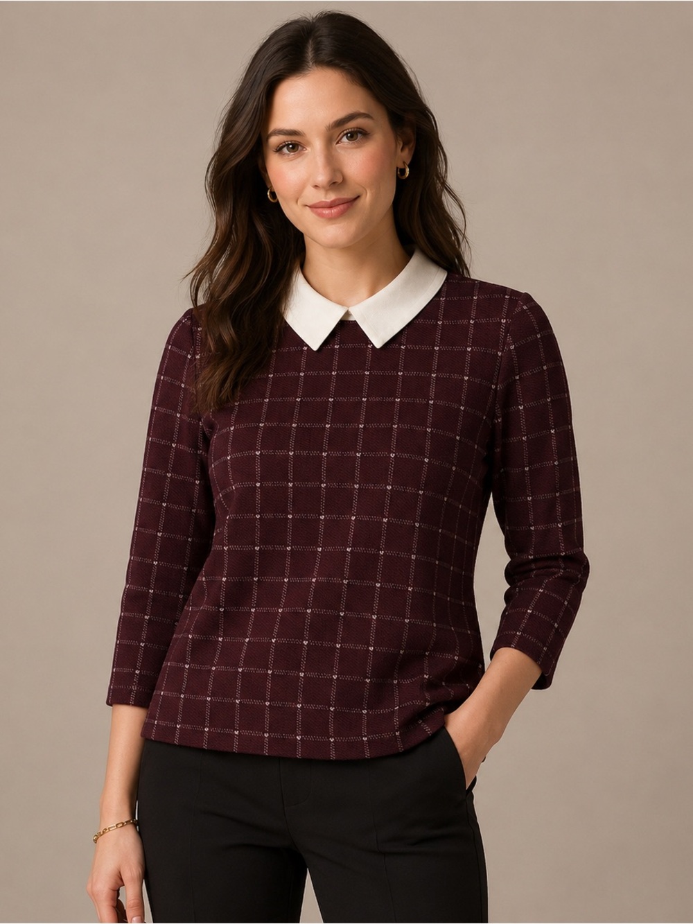 LOFT Outlet Petite Burgundy Windowpane Collared Knit Top SP Preppy Academia